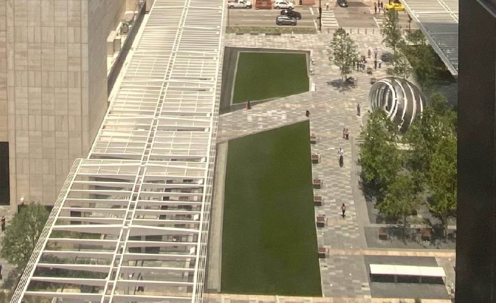 Aerial view of the AT&T Discovery District built with SYNLawn Artificial Turf